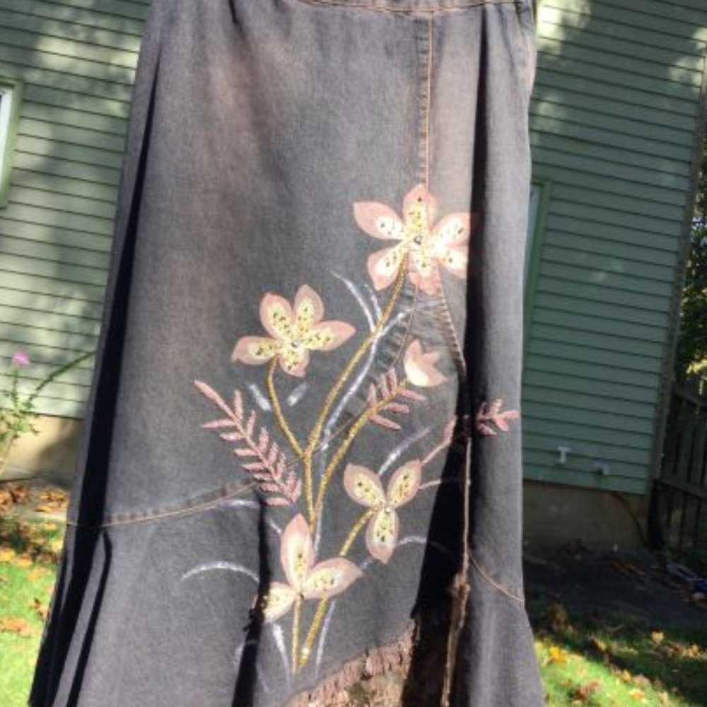 Zxlo Embroidered Lace Trimmed Denim Skirt